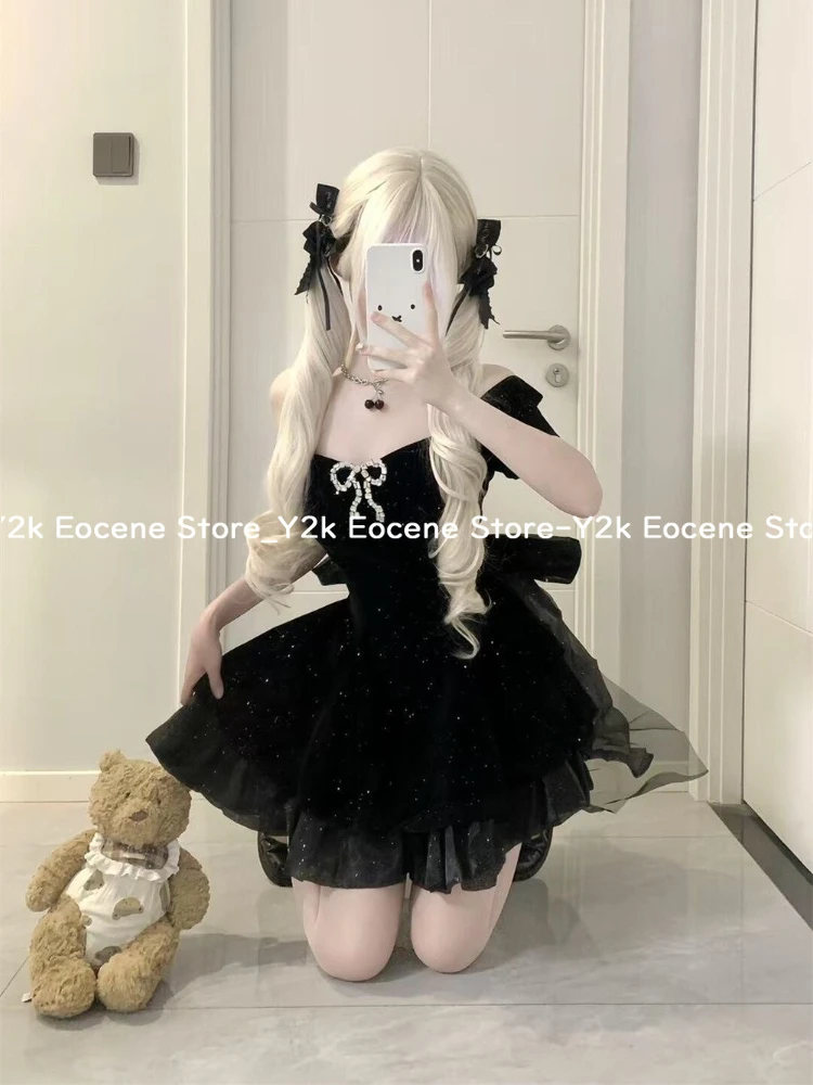 블랙 프랑스어 빈티지 원피스 드레스 여자 고딕 오프 어깨 활 레트로 미니 드레스 여성 요정 생일 파티 세련된 복장 2025