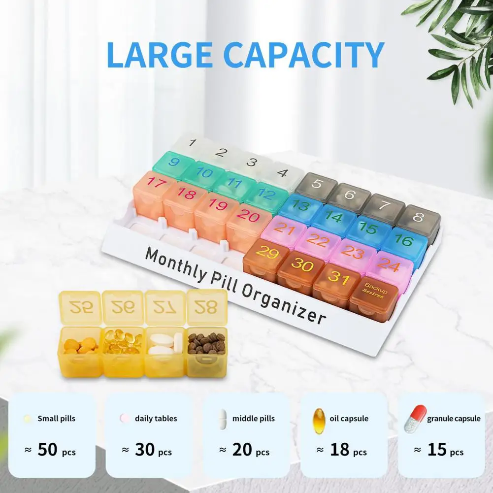 Travel Pill Organizer Capacity Monthly Pill Box Organizer with 32 Grids for Weekly Tablets Storage Compact Dispenser for Travel