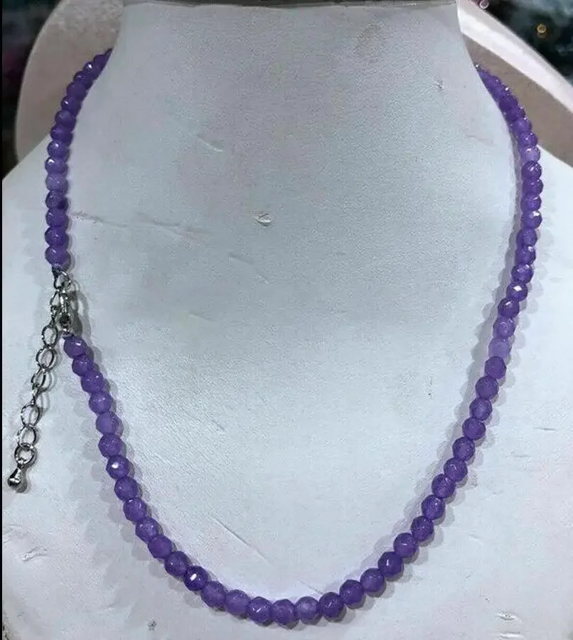 

4mm natural gem multi cut light purple jade round Fine Necklace 18“