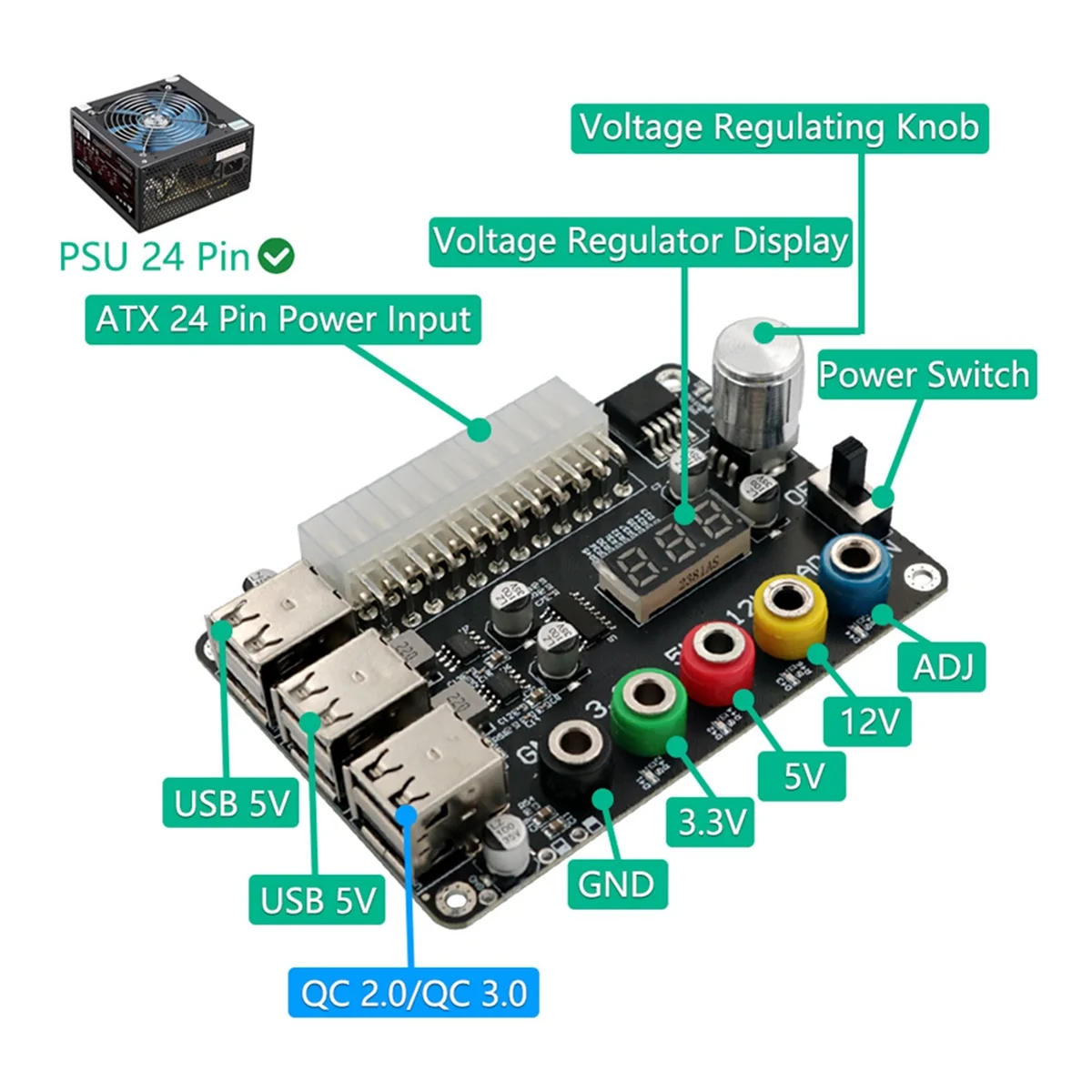 24Pin ATX Power Supply Breakout Board Power Module Adapter Connector Adjustable Voltage Knob 6 Port USB 2.0