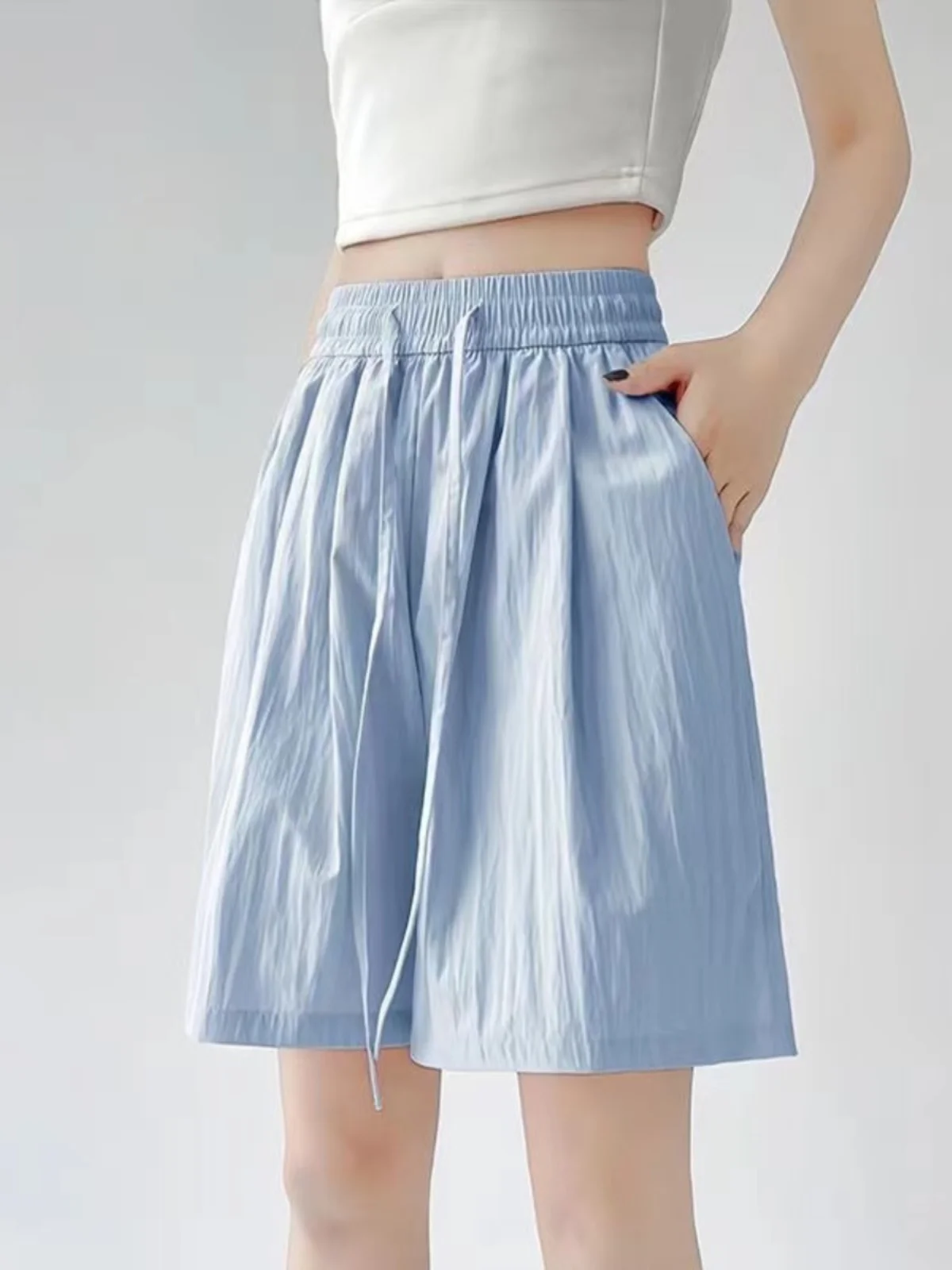 Spodnie damskie z wysokim stanem, luźny krój, z jedwabiu lodowego, chłodzące, cienkie, letnie, codzienne, z szerokimi nogawkami, sportowe, długość do połowy łydki, modne.