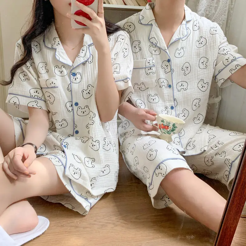 Ins cute bear cotton couple pajamas men and women summer short-sleeved shorts Korean version of homewear two-piece suit