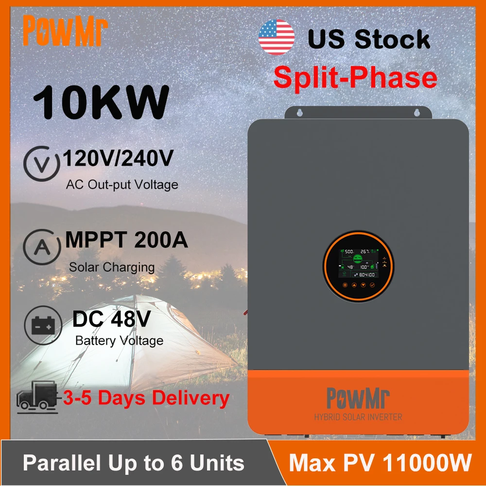 US Stock Split-Phase 10KW 48V Home Use Solar Inverter 120/240V AC 200A MPPT Solar Charger Controller Off-Grid Inversor Max PV 500Vdc Fit for Lithium Batteria