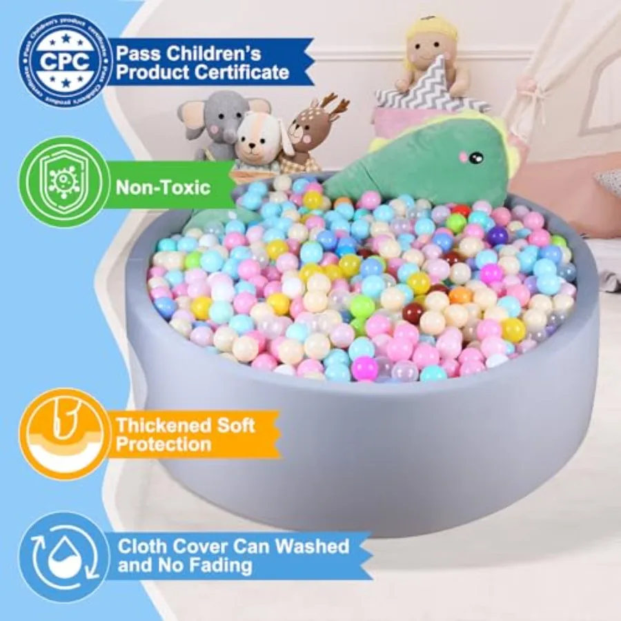 48インチのフォームボールピット、幼児用、柔らかい丸いボールプール、ライトグレー、屋内外ゲーム、赤ちゃん、幼児への理想的なギフト、ボール付き