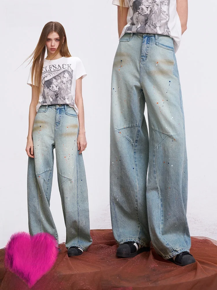 

Lazy Style Casual Wide Leg Pants Women's Loose American Denim Jeans Spring Season Natural Waist Zipper Pocket Ladies Trousers