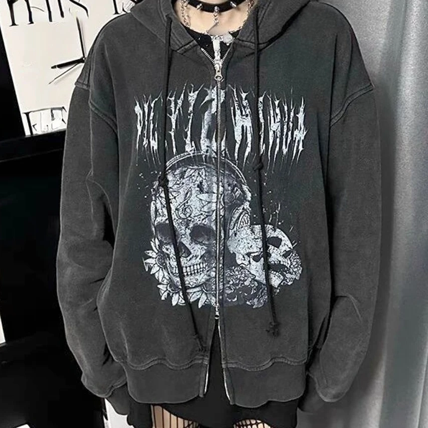 

Subculture Американские винтажные топы с капюшоном и длинными рукавами с принтом и карманами в стиле гранж, повседневное пальто на молнии в спортивном стиле Y2k Chic Gothic