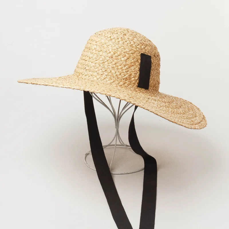 Women Summer Hat with Long Ribbon Band Straw Hats Wide Brim Sun Hat Wind Rope Beach Hat Ladies Travel Holiday Derby Hat Raffia