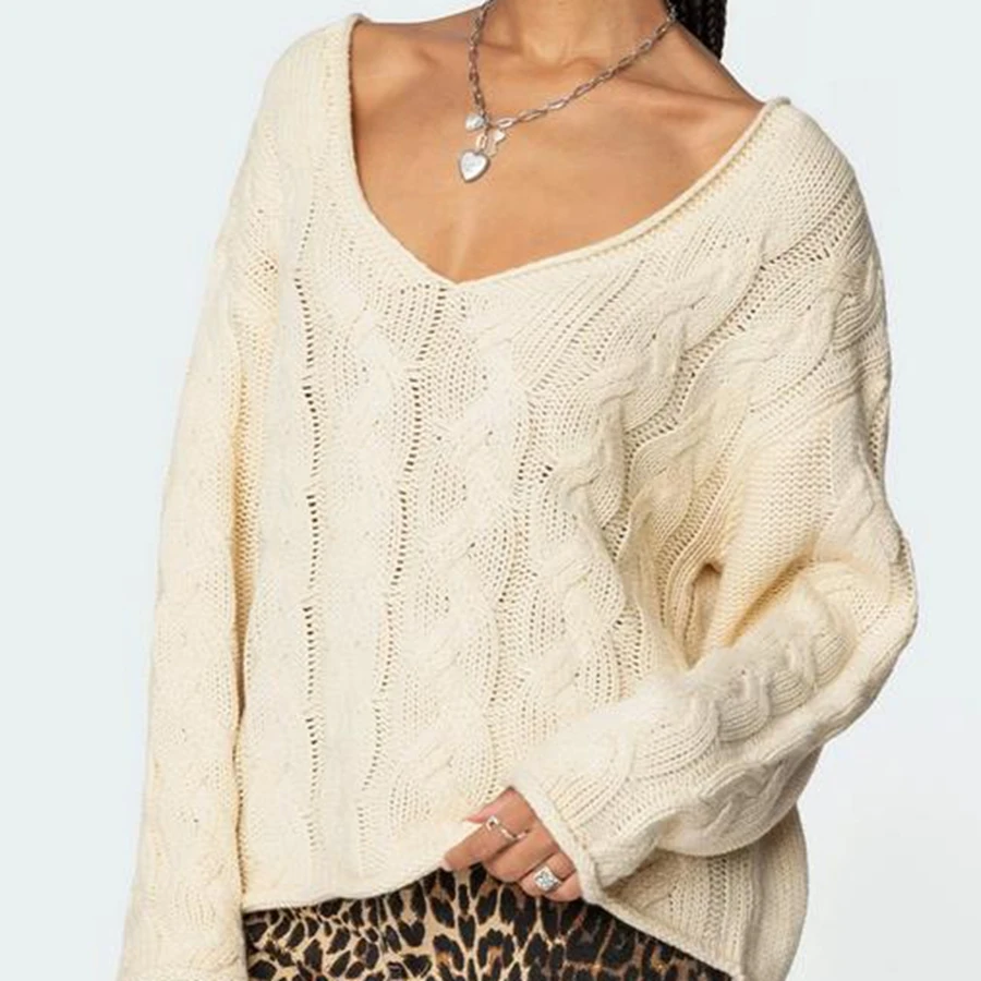 Suéter de punto de Cable para mujer, Jersey holgado de Color sólido con cuello en V profundo, jersey de manga larga, Tops de punto, ropa informal de invierno y otoño