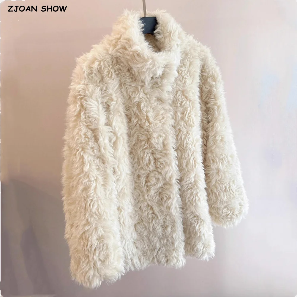 جديد شتاء شيك الوقوف طوق دسم-أبيض دائرة شعر أشعث فو الفراء معطف ريترو كم كامل فروي سترة المرأة ملابس خارجية طويلة #1