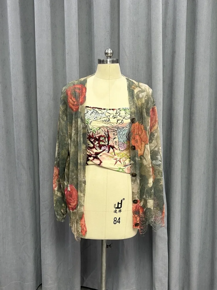 

High Quali Zhao Lusi Summer New Vintage V-Ne Hand Knitted Worn-In Print Long Sve Knitted Open Cardigan Jaet