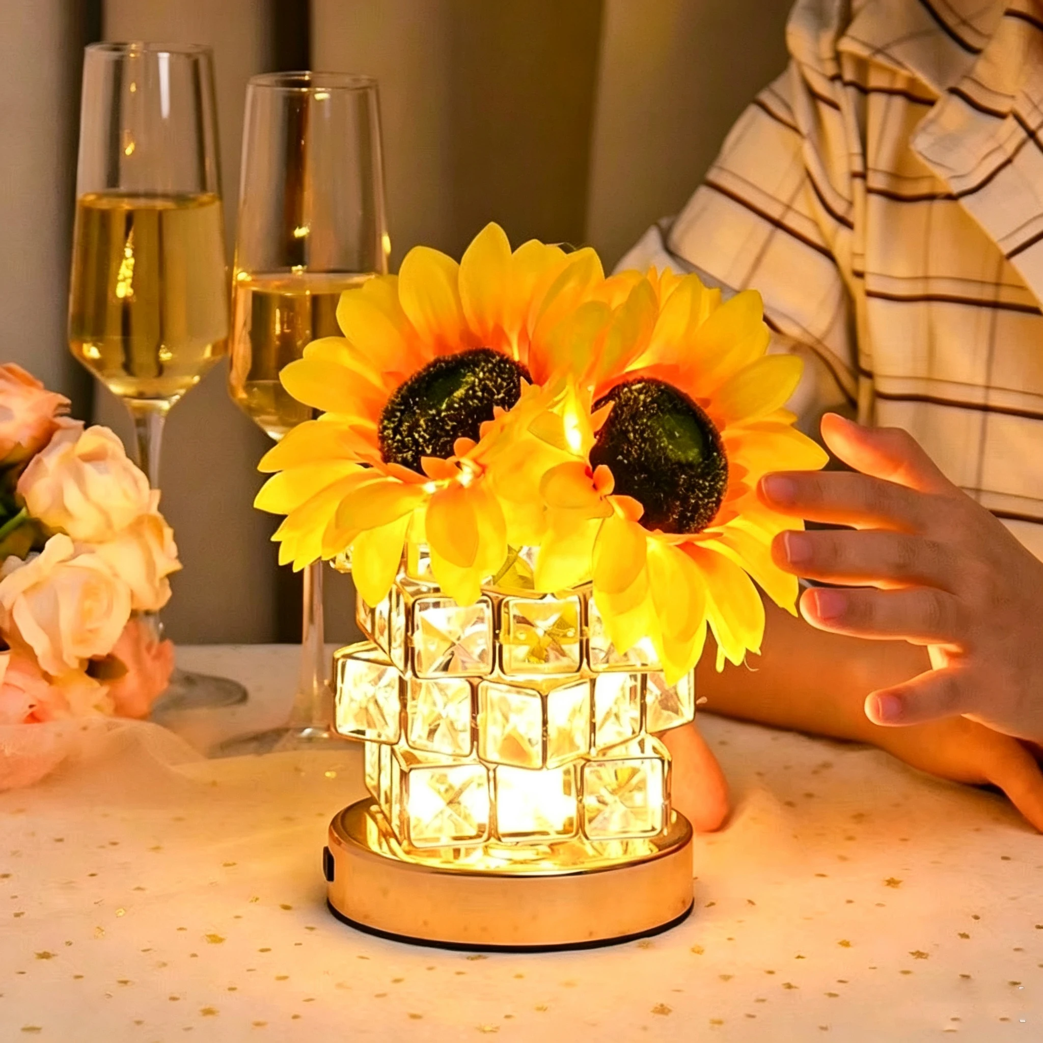 Romantic Sunflower Crystal LED Table Lamp Rechargeable Touch Control Atmosphere Night Light for Home Decoration