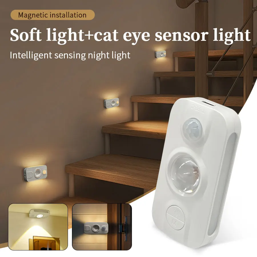 

Перезаряжаемый ночник «кошачий глаз» RGB с датчиком движения, боковое свечение, магнитный светодиод с регулируемой яркостью для спальни, прихожей, лестничного шкафа, шкафа