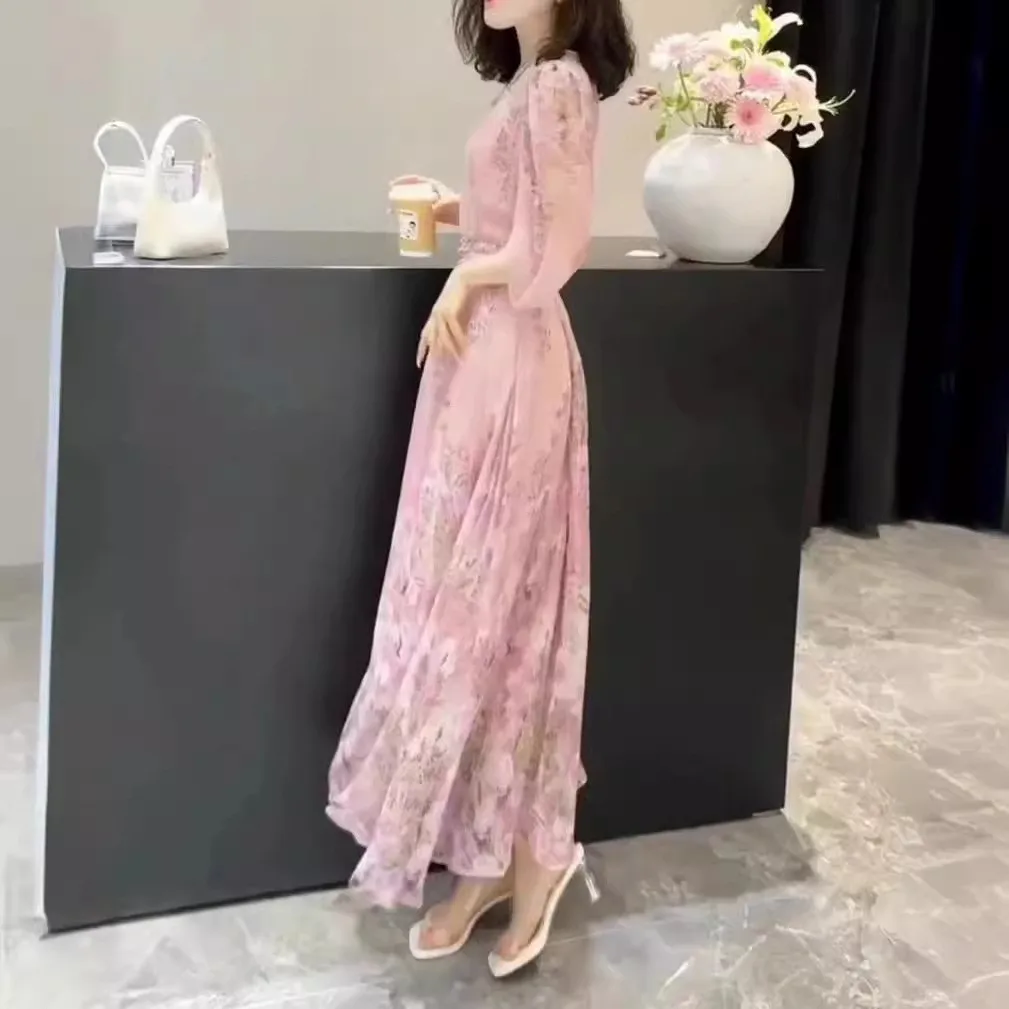 Imprimé fleuri en mousseline de soie été nouveau Sle femmes Dr t-shirt quart Sve Maxi Long Dr effet minceur doux Sle rond Ne