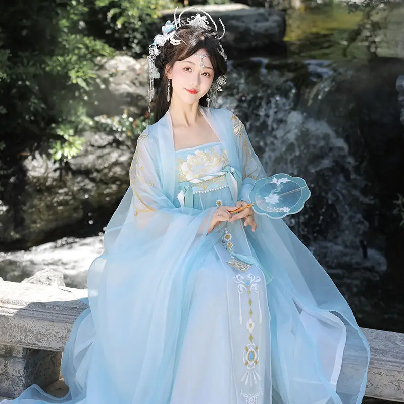 Hanfu azul Vintage para mujer, vestido de baile de escenario tradicional chino, conjunto de disfraz de Hada de princesa elegante, trajes femeninos