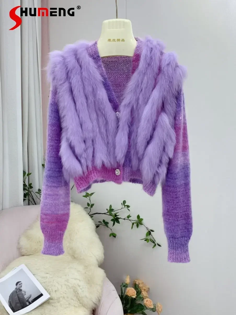 

High-End Real Fox Fur Patchwork Short Purple Knitted Cardigan Coat Women's Luxury Fur Sweater Jacket 2022 Autumn Winter Sweater