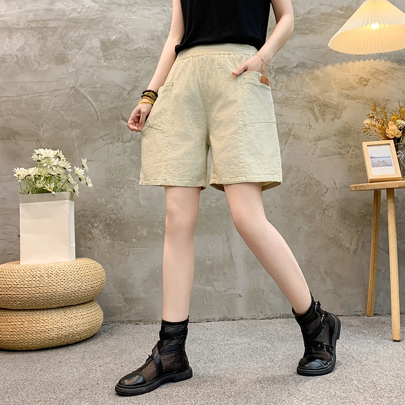 

Женские летние простые свободные однотонные шорты с высокой талией и карманами, универсальная женская одежда с широкими штанинами, повседневные хлопковые шорты