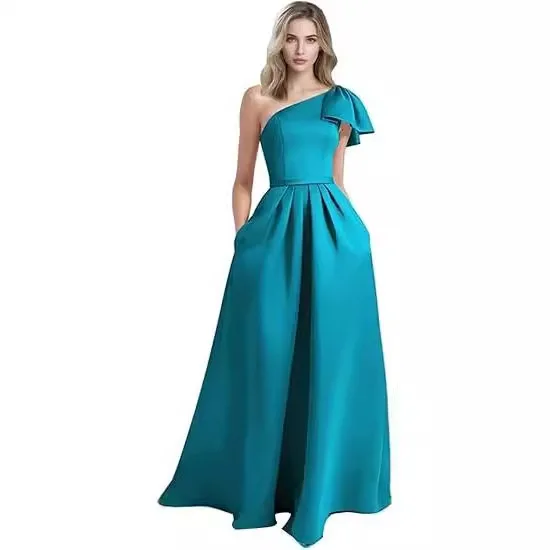 

Elegant Satin Mother of the Bride Dress A-Line One-Shoulder High Waisted Evening Party Wedding Guest Dresses Bow Pleated Robes