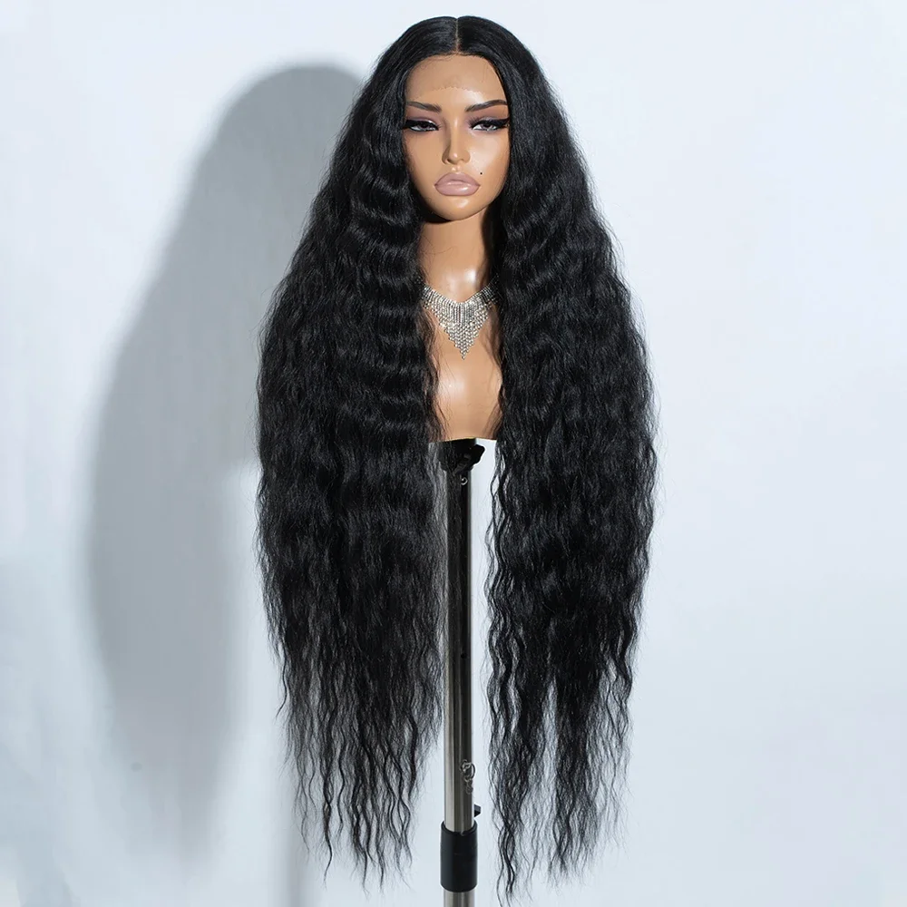 Peruca dianteira longa com renda para mulheres, peruca encaracolada preta natural, pré-arrancada, cabelo macio de bebê, sem cola, 26 in, 180 densidades