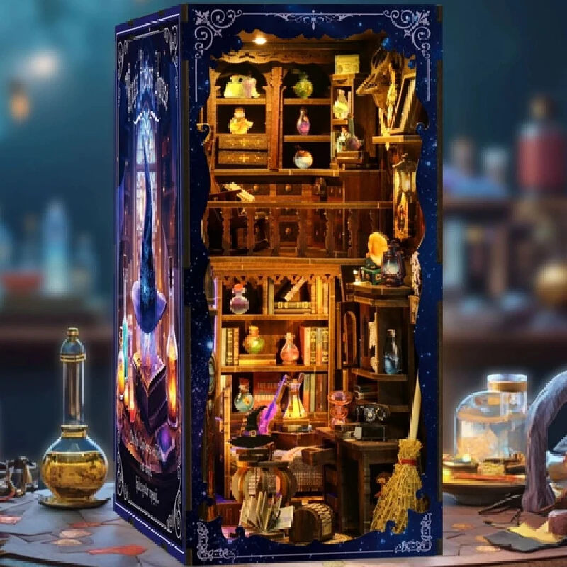 Diy Book Nook Shelf Insert Kits Wooden Miniature Model Kit Cyberrpunk Bookend Assembled Bookshelf Home Decor Boxed Birthday Gift