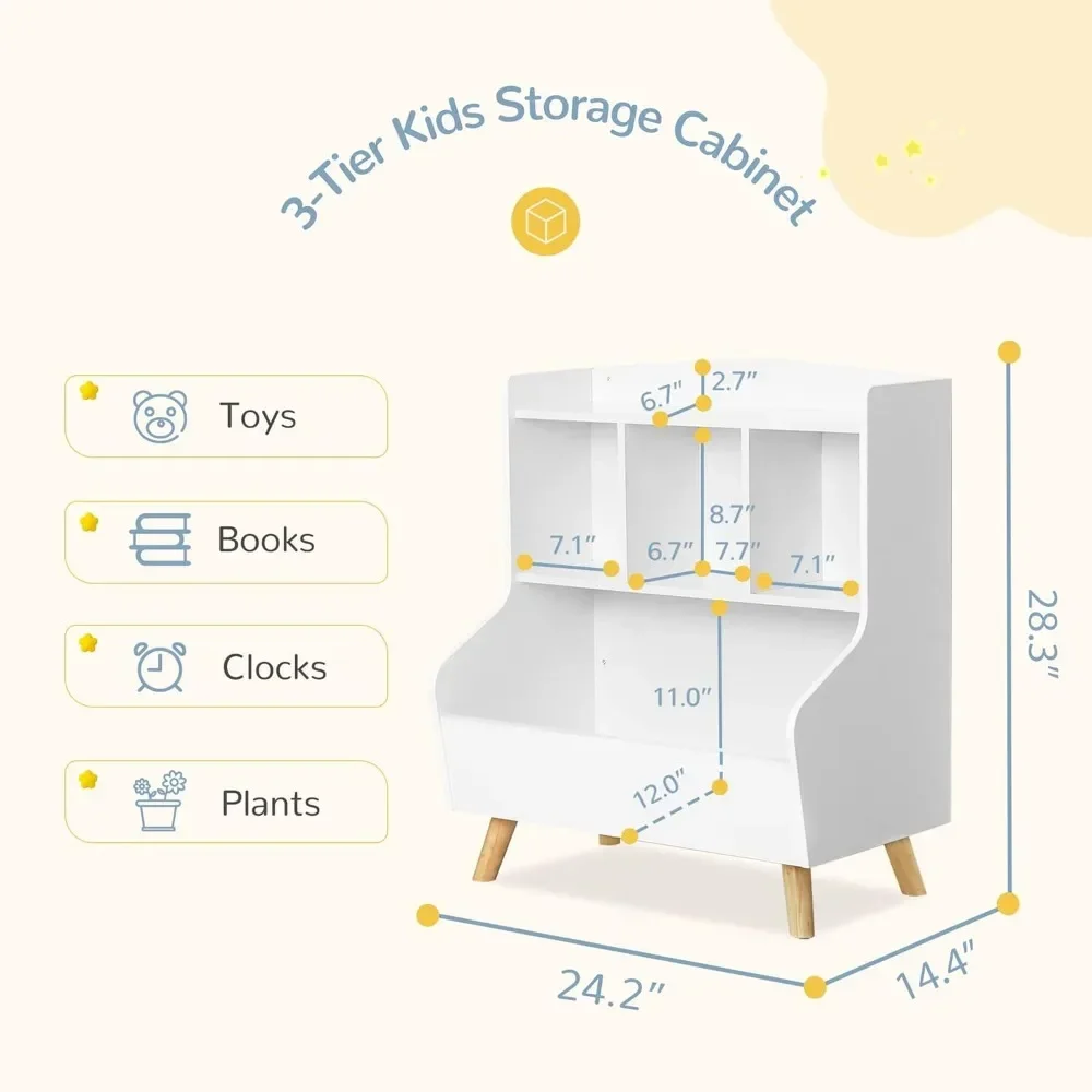 Kids Bookshelf and Toy Storage, 3-Tier Wooden Open Bookcase, Baby Book and Toy Storage Display Organizer with Spacious