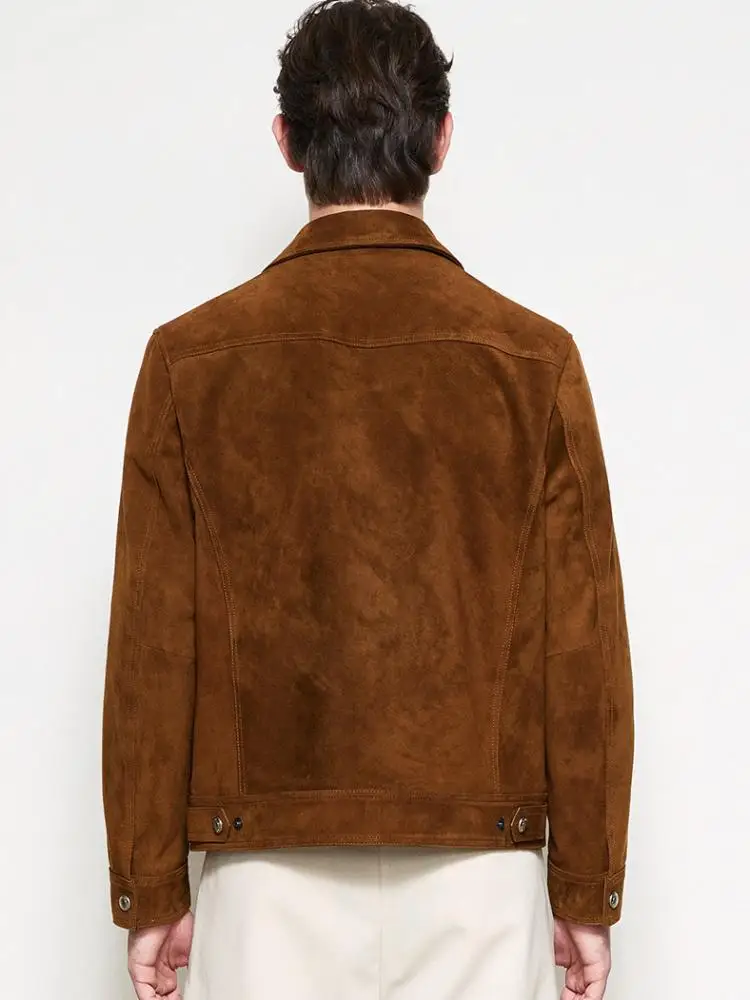 American Male Turn Down Collar Long Sleeves Genuine Leather Jacket Solid Color Sheepskin Single-Breasted Slim Short Outerwear