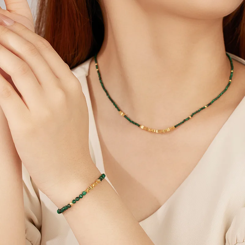 

Natural Malachite S925 Sterling Silver Necklace Women's French Vintage Beaded Stacked with Clavicle Chain Premium Neck Chain