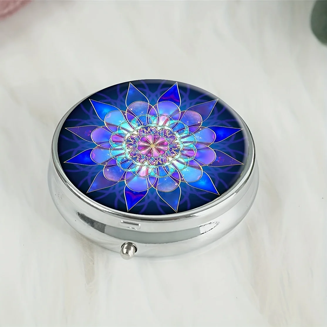 Blue Flower Round Pill Box,Household Portable Medicine Storage Box,3-grid Sub-packaging Medicine Box For Outdoor Travel & Office