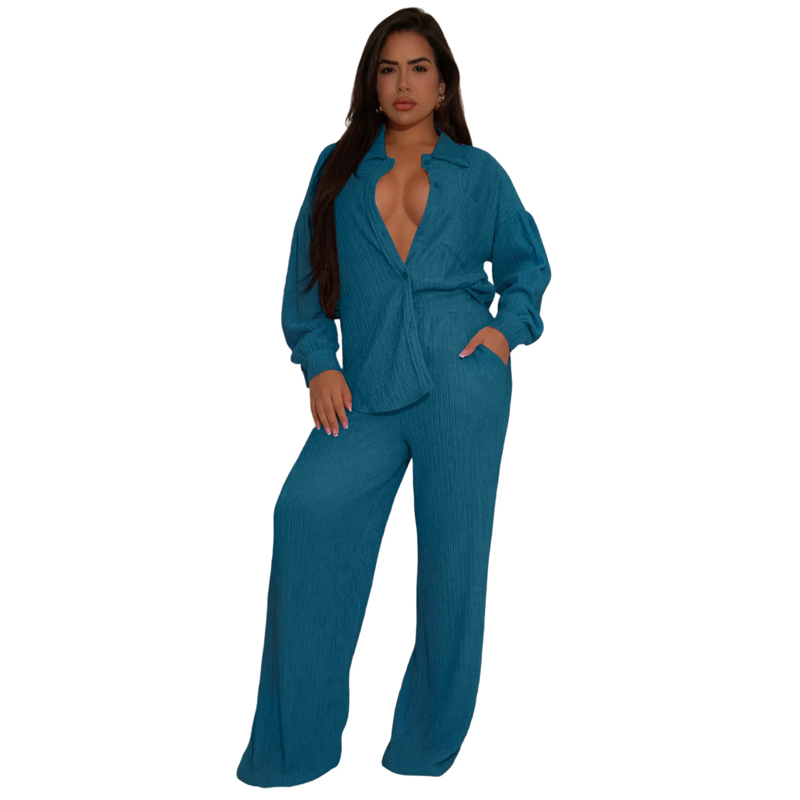 Women's Two-piece Solid Color Lapel Long Sleeved Elastic Wrinkling Strap Multi Pocket Swing Leg Pants Wide Leg Pants Set