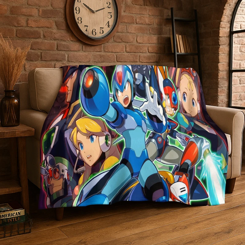 Retro Rockman Mega Man Game Cartoon Flannel Blanket Soft Warm Throw Blanket for Bedroom Living Room Bed Travel Camping Picnic