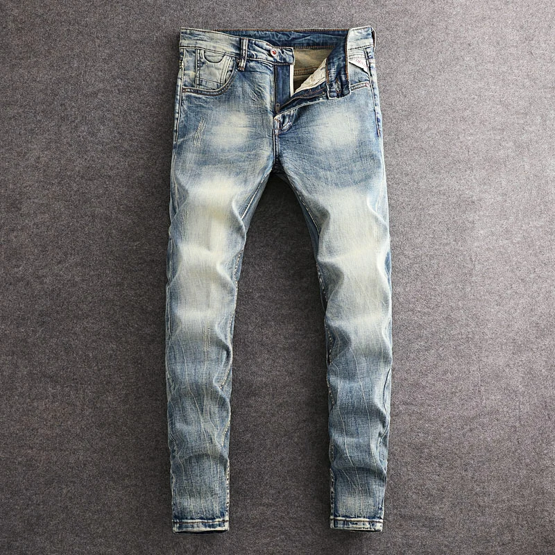 

Designer Fashion Men Jeans High Quality Retro Washed Blue Stretch Slim Fit Ripped Jeans Men Italian Style Vintage Denim Pants