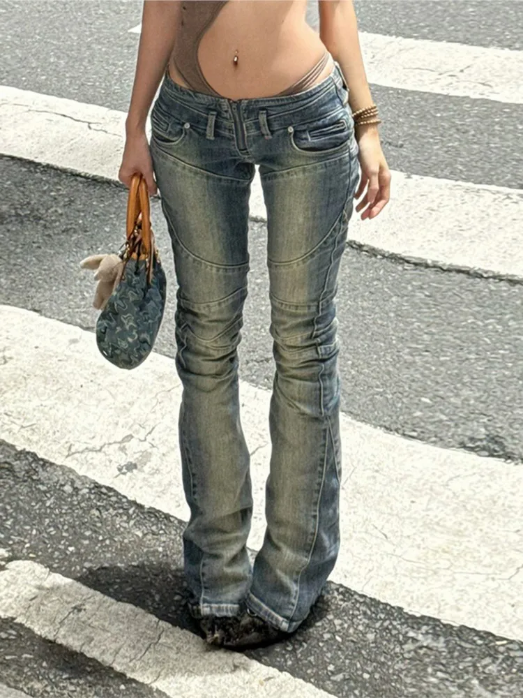 여성 의류 트렌디 빈티지 청바지 스트릿 스타일 로우 웨이스트 팬츠 슬림 롱 팬츠 여성용 패치워크 올매치 솔리드 컬러