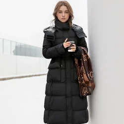 Women Long Parkas 2024 Elegant Thickened Thermal Padded Jacket Fashion Hooded Drawstring Waist-cinching Coat Chic Large Pocket