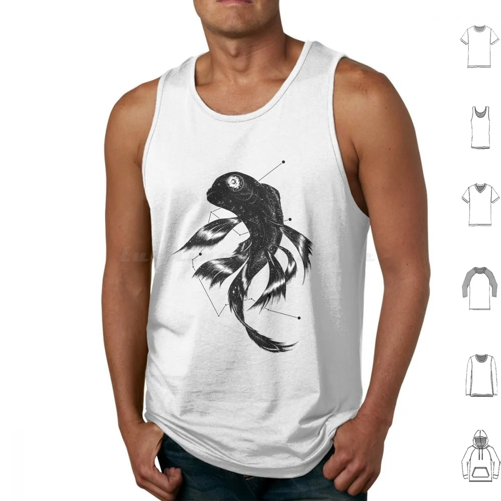 Cosmic Koi Tank Tops Print Cotton Fish Space Star Stars Moon Eye Cosmos Cosmic Nebula Galaxy Black Black And White