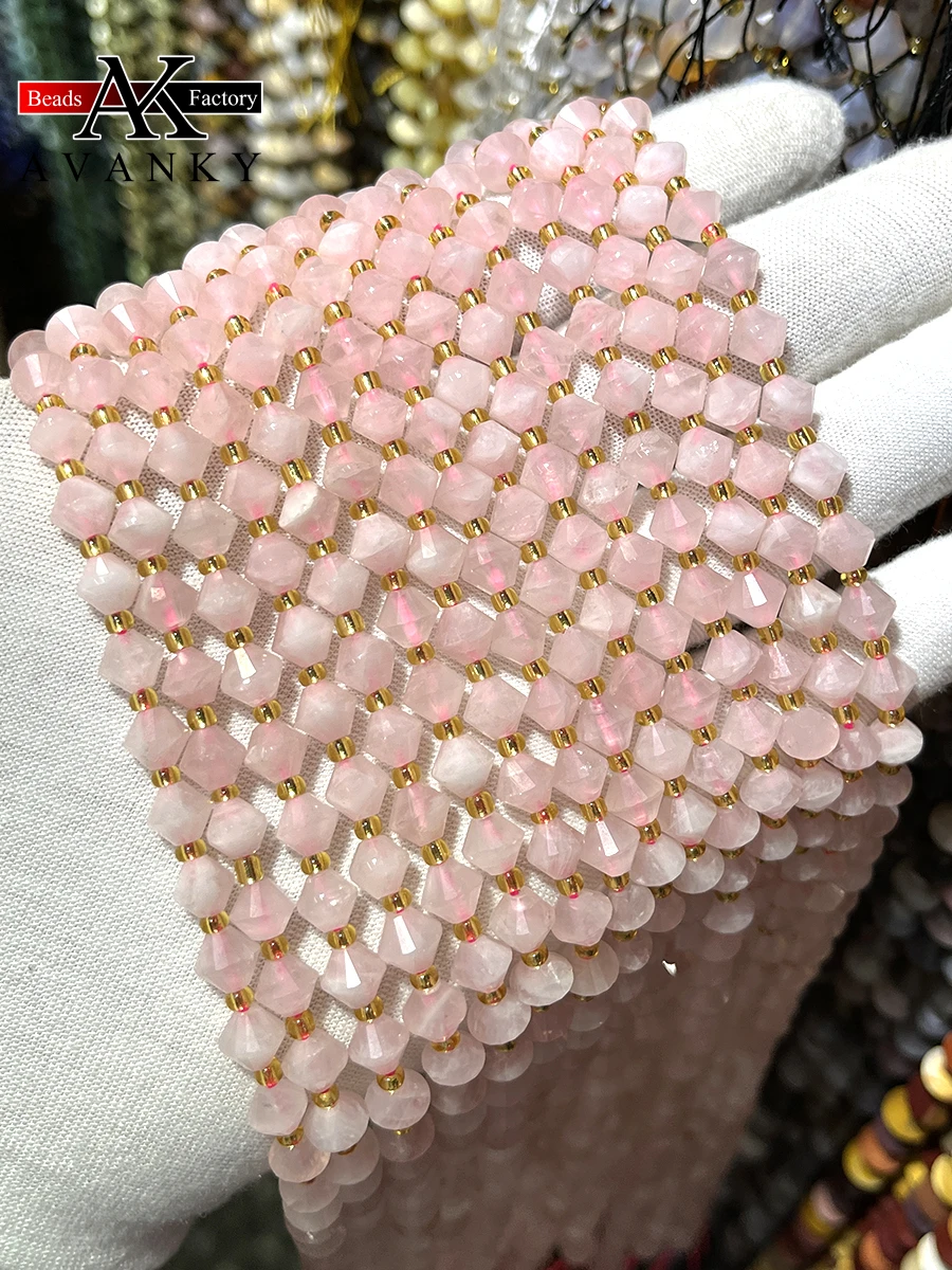

Natural Pink Crystal Round Stone Pyramid Beads Faceted Loose Spacer For Jewelry Making DIY Necklace Bracelet 15'' 8mm