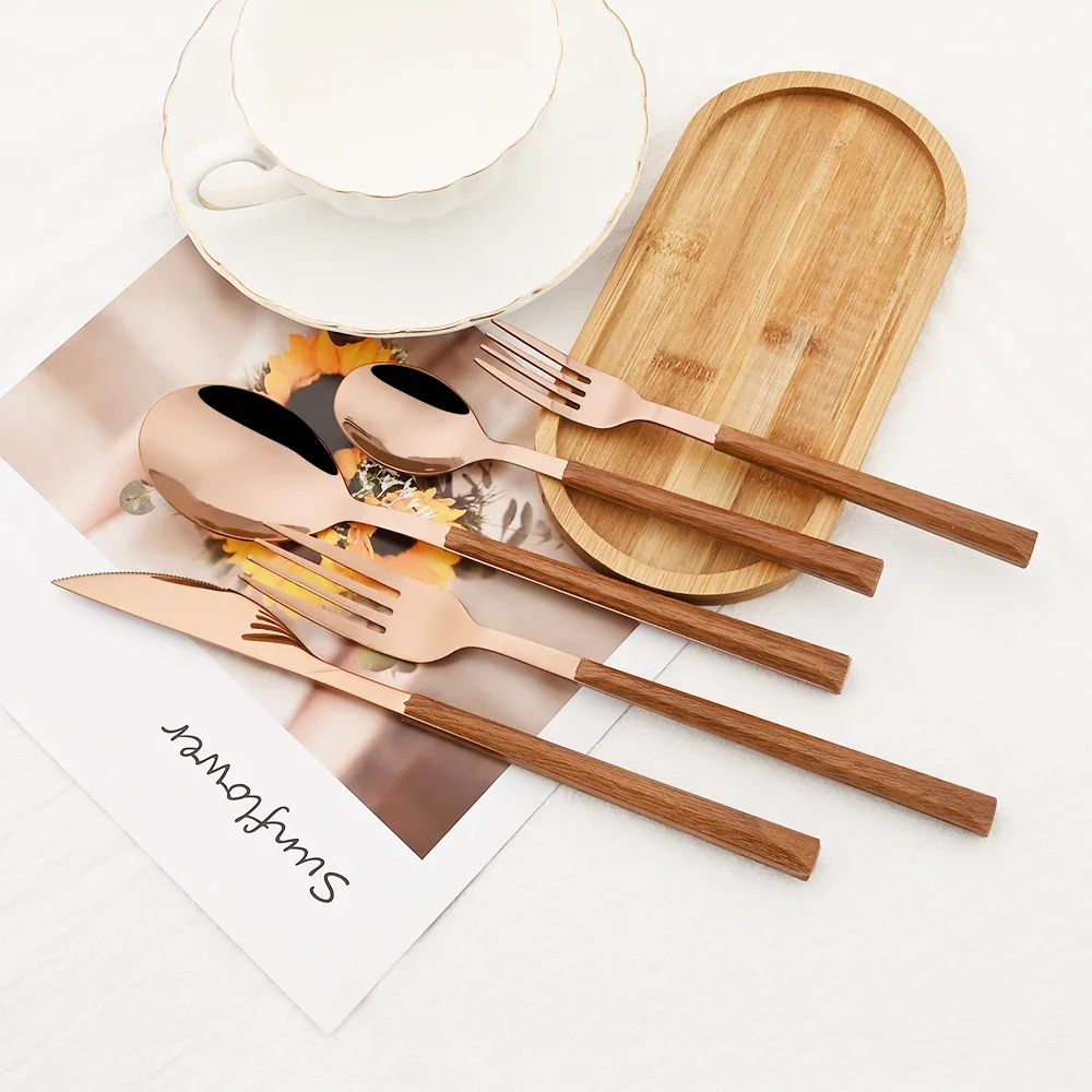 5Pcs Knife Dessert Fork Spoon Dinnerware Set Imitation Wood Handle Cutlery Set Stainless Steel Flatware Creative Gold Tableware