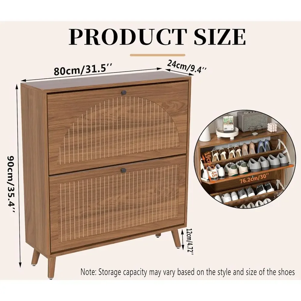 Narrow Walnut Shoe Storage Cabinet with 2 Doors and Lattice Panel for Entryway or Hallway