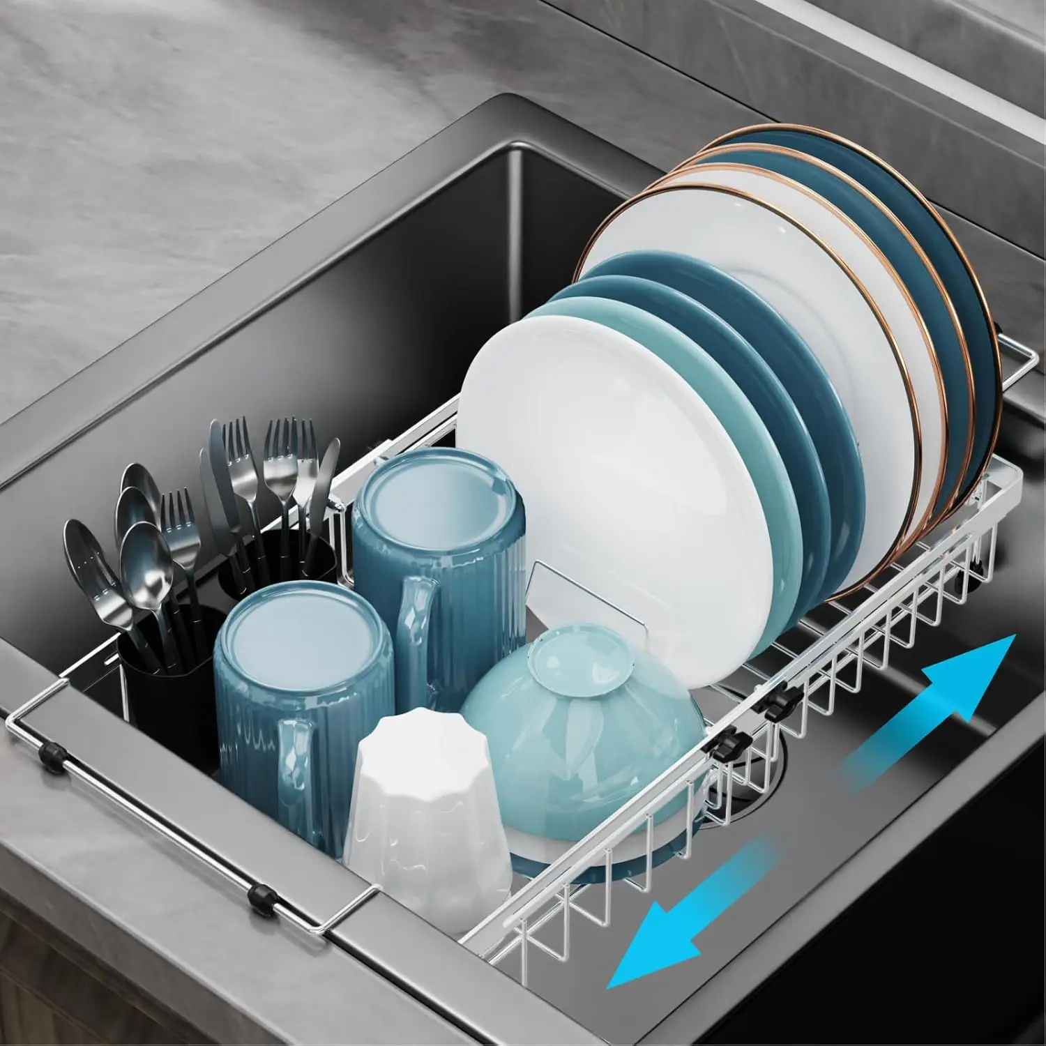 

Expandable in Sink Dish Drying Rack - Stainless Steel Capacity Adjustable Over The Sink Dish Rack (13.4''-20.4''), Dish Drainer