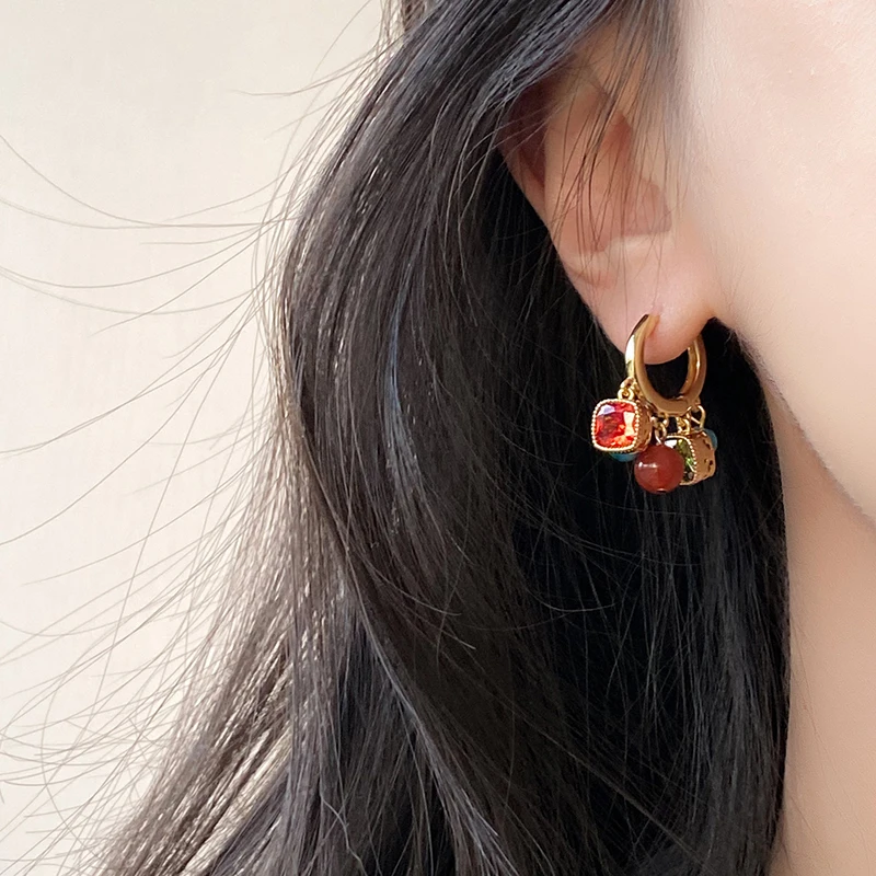 Red Green Contrasting Colored Stone Square Pendant Plated With 18K Gold Earrings 2026 New Jewelry For Women's Trendy Accessories