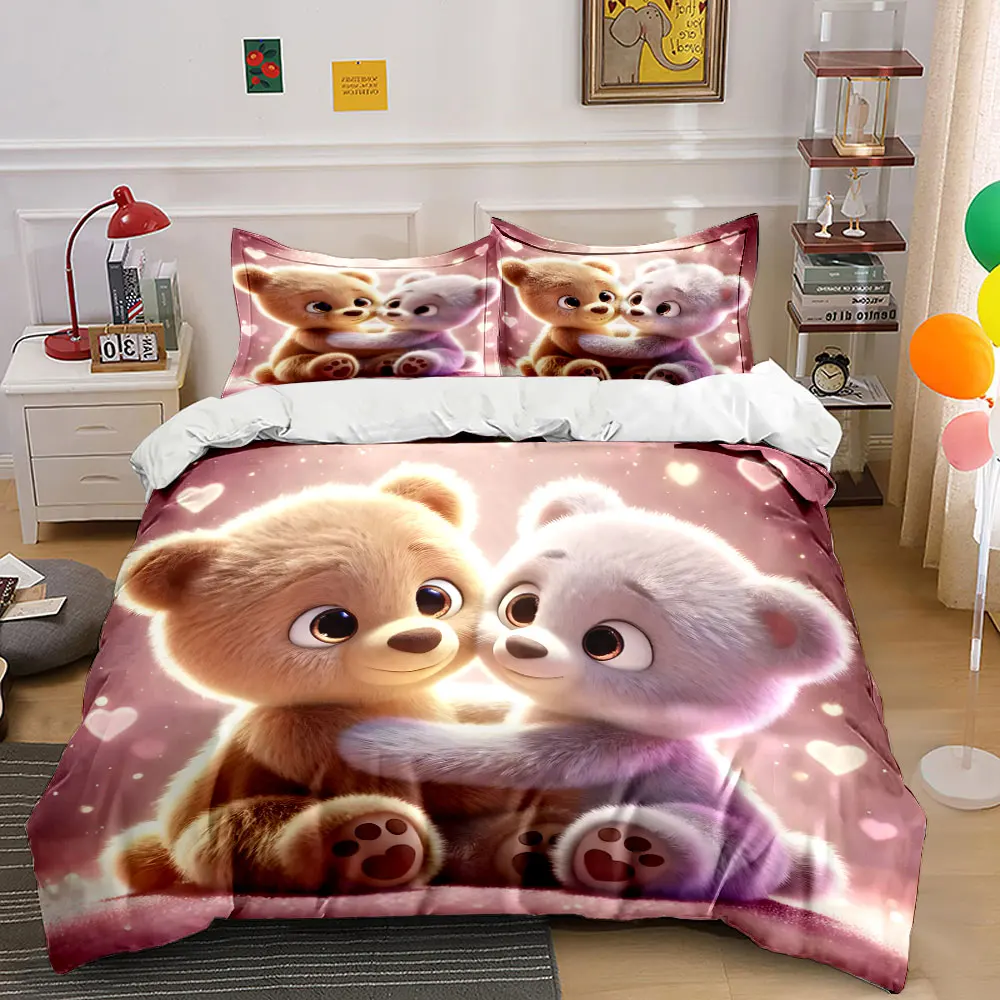 Adorable Hugging Teddy Bears Printed Duvet Cover Set1 Duvet Cover+2 PillowcaseMulti Size Bedroom Bedding Decor Luxury gifts