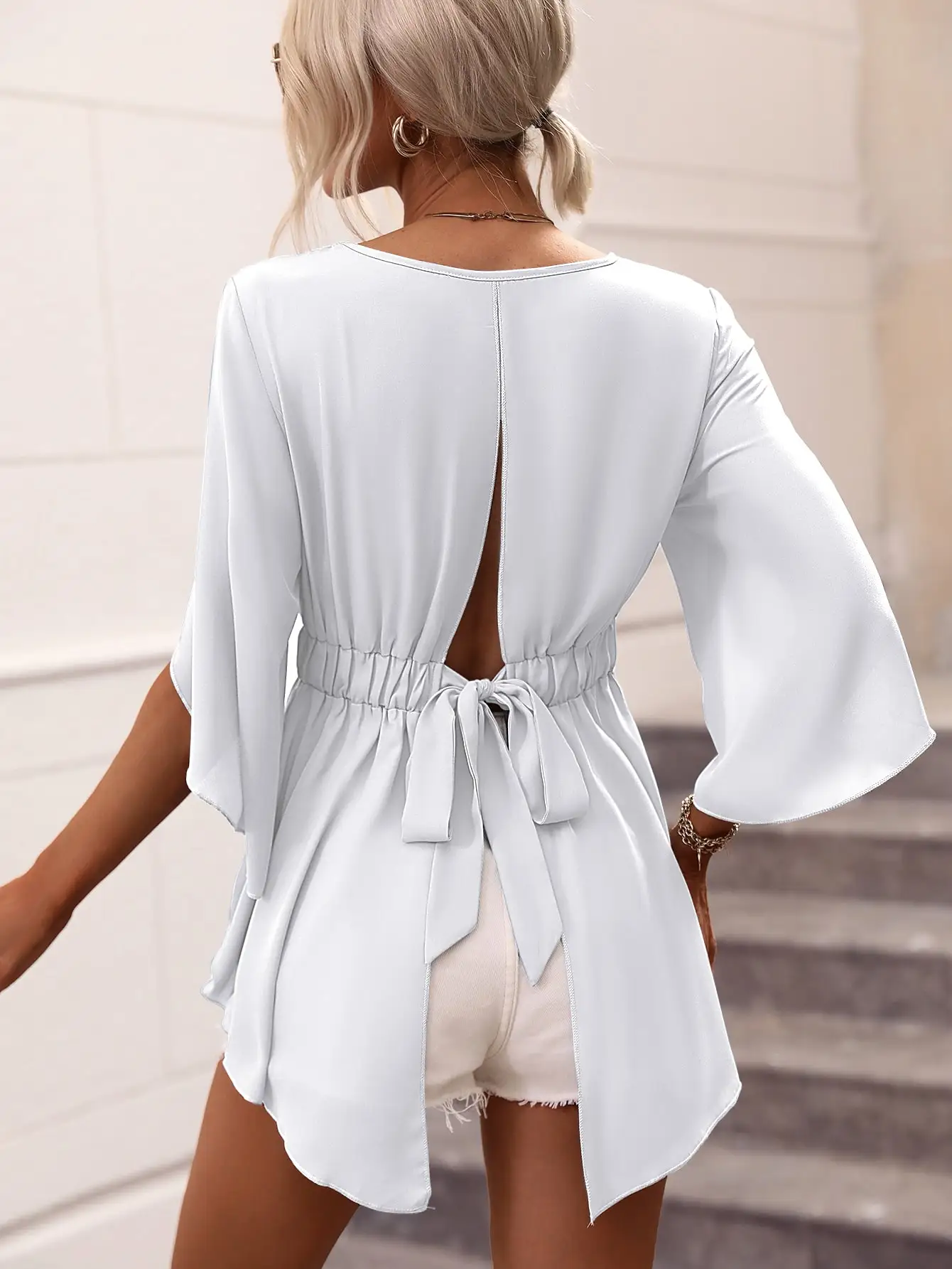 Elegant Women's White Back Slit Tie-Waist Shirt Bell-Sleeve with Asymmetrical Hem for Sophisticated Style