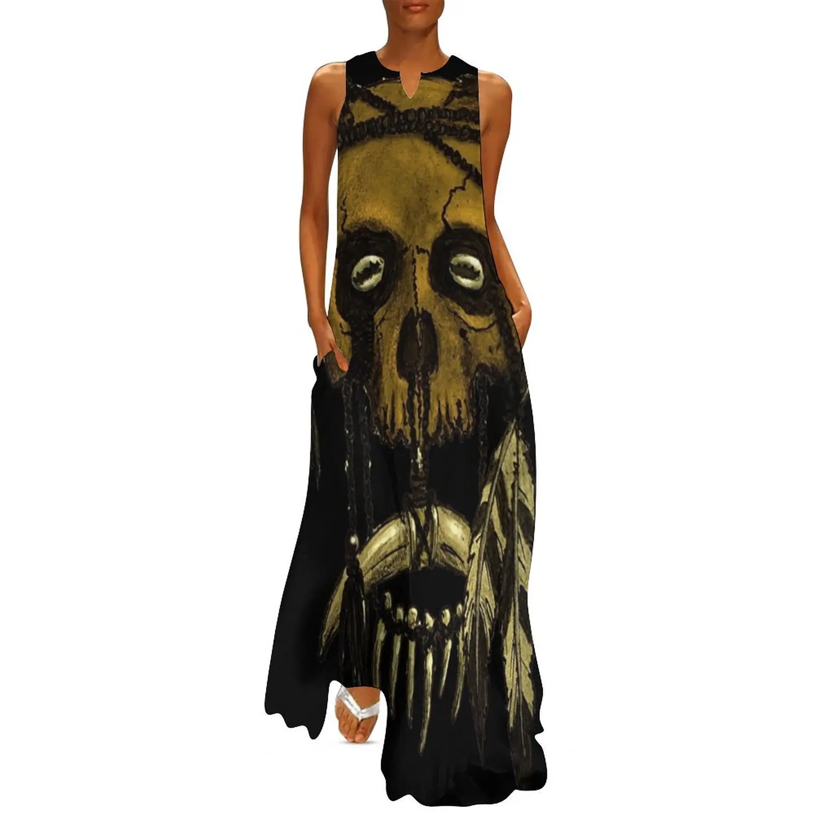 Dayak tribal trophy headhunter skull with rat skulls and feathers drawing Long Dress purple dress summer dress women 2025