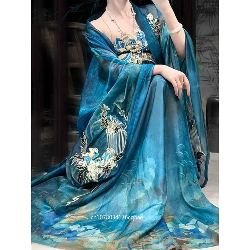 

Women's Tang Dynasty Style Hanfu Dress -Traditional Chinese Embroidered Blue Hanfu Suits Cosplay Costume Gothic Fairy Costume