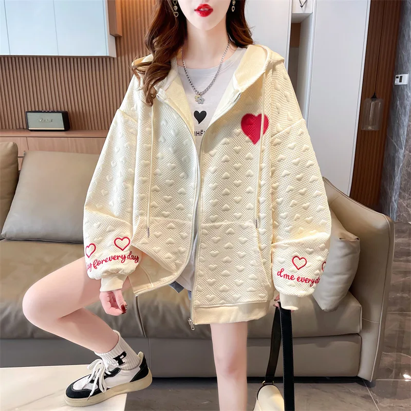 

Preppy Style Heart Jacquard Hoodies Women Fashion Korean Long Sleeve Loose Zip up Hooded Sweatshirt Casual Thin Cardigan Tops