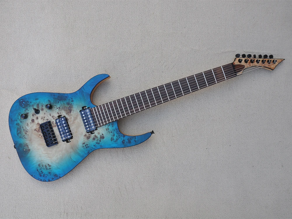 

Left Hand 7 Strings Blue Electric Guitar with Burl Maple Veneer,24 Frets,Rosewood Fretboard