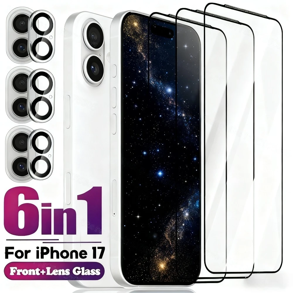 

Ультрапрозрачное закаленное стекло 6-в-1 для iPhone 17 16 15 14 Pro Max Air 16e Стекло для объектива камеры iPhone 13 12 11 Pro 14 15 16 Plus