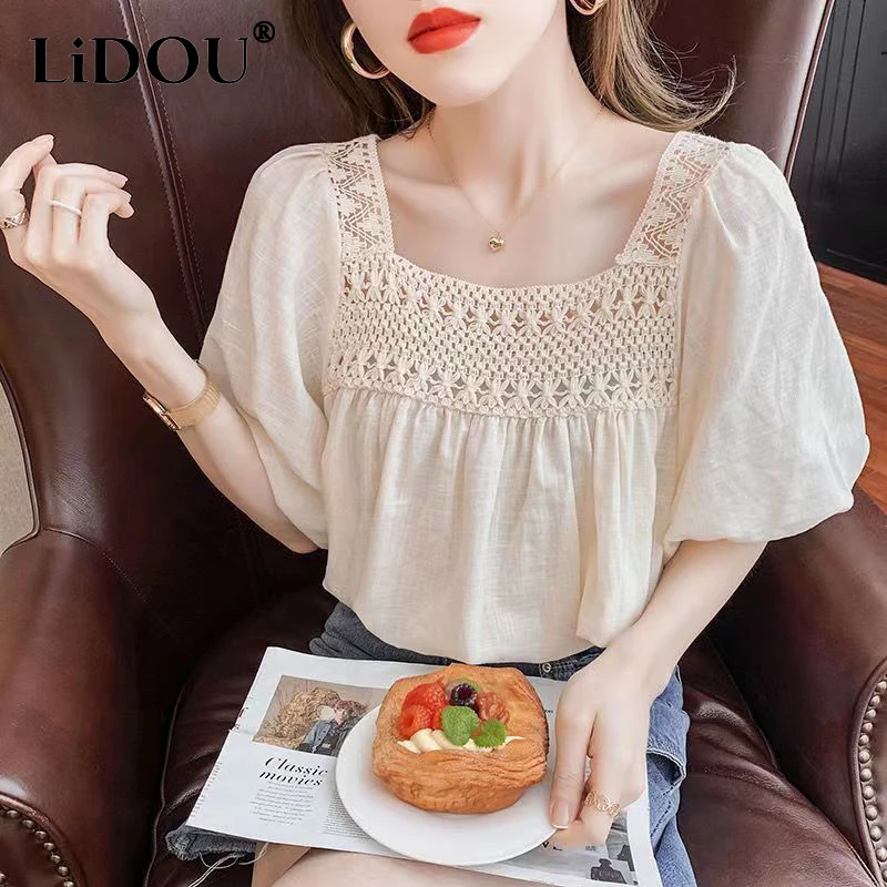 2023 Summer Korean Fashion Pure Cotton Hollow Out Blouse Ladies Literary Vintage Pullover Tops Women Puff Short Sleeve Shirt