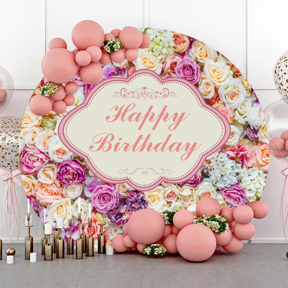 Valentine\'s Day Flowers Round Backdrop Cover Mother\'s Day Pink Rose Floral Wall Bridal Shower Wedding Birthday Party Background