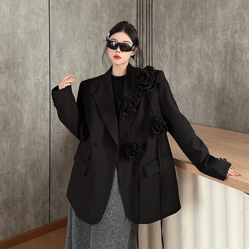 2026 Autumn Trend Black Three-Dimensional Flower Heavy Industry Blazer Niche Design Shoulder Pads Casual Suit Top