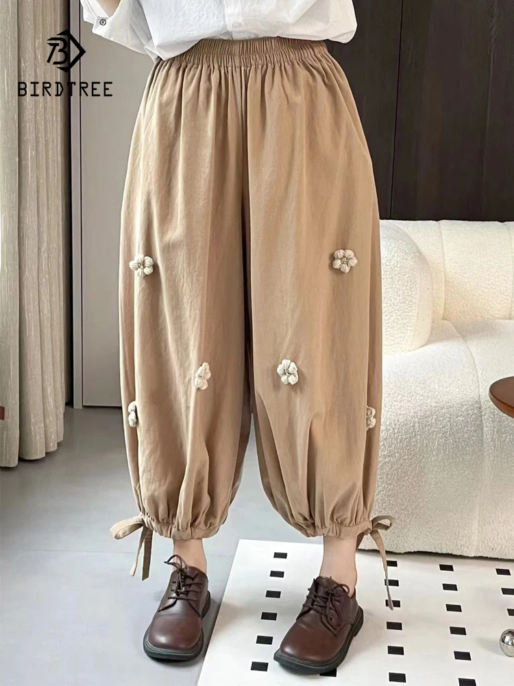 2025 신상 여름 코튼 블루머 팬츠, 여성용 밴딩 허리 3D 플로럴 패치워크, 모리걸 프렌치 빈티지 루즈핏 트라우저 B57886CC