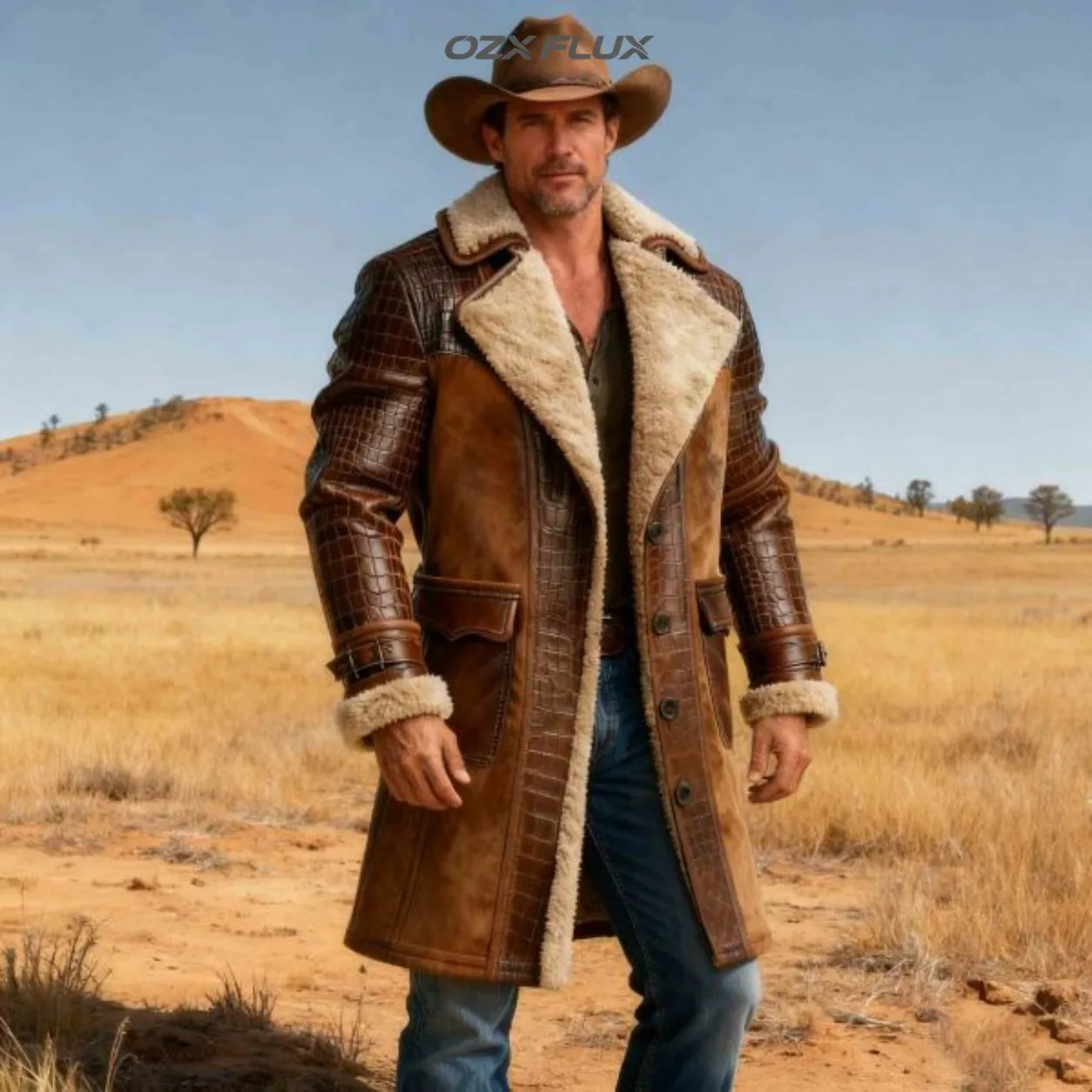 Men's Western Cowboy Brown PU Leather Embossed Faux Suede Patchwork Coat